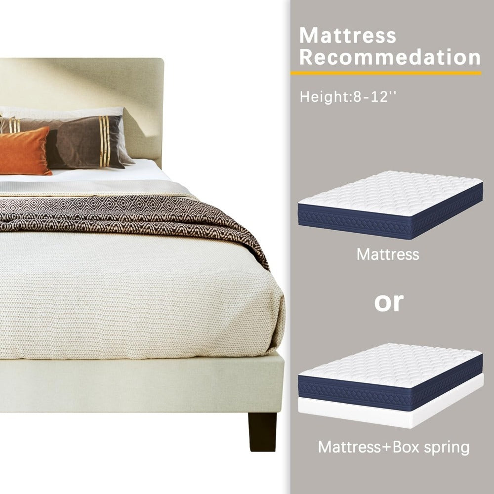 Upholstered Bed Frame with Adjustable Headboard & Wood Slats