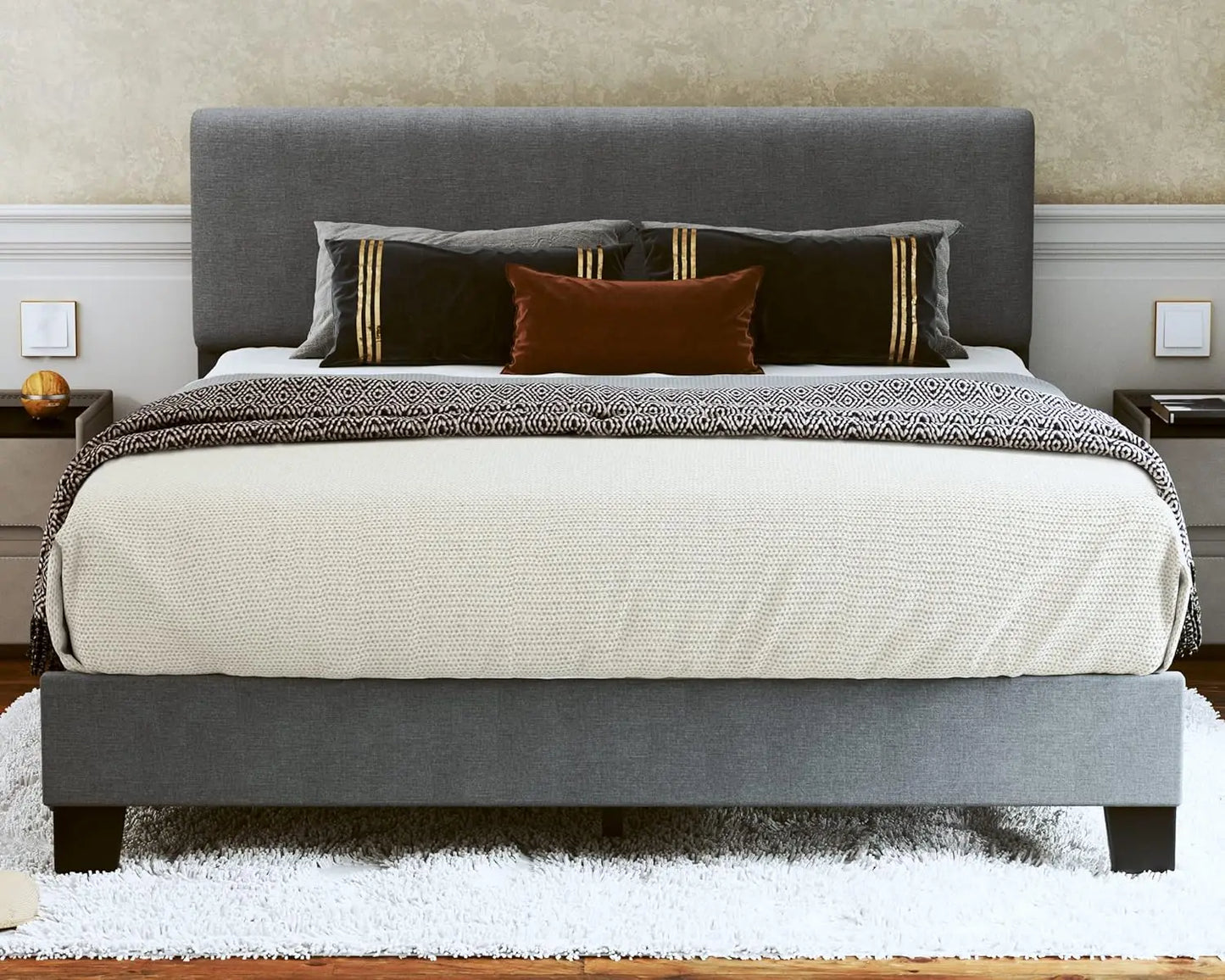 Upholstered Bed Frame with Adjustable Headboard & Wood Slats
