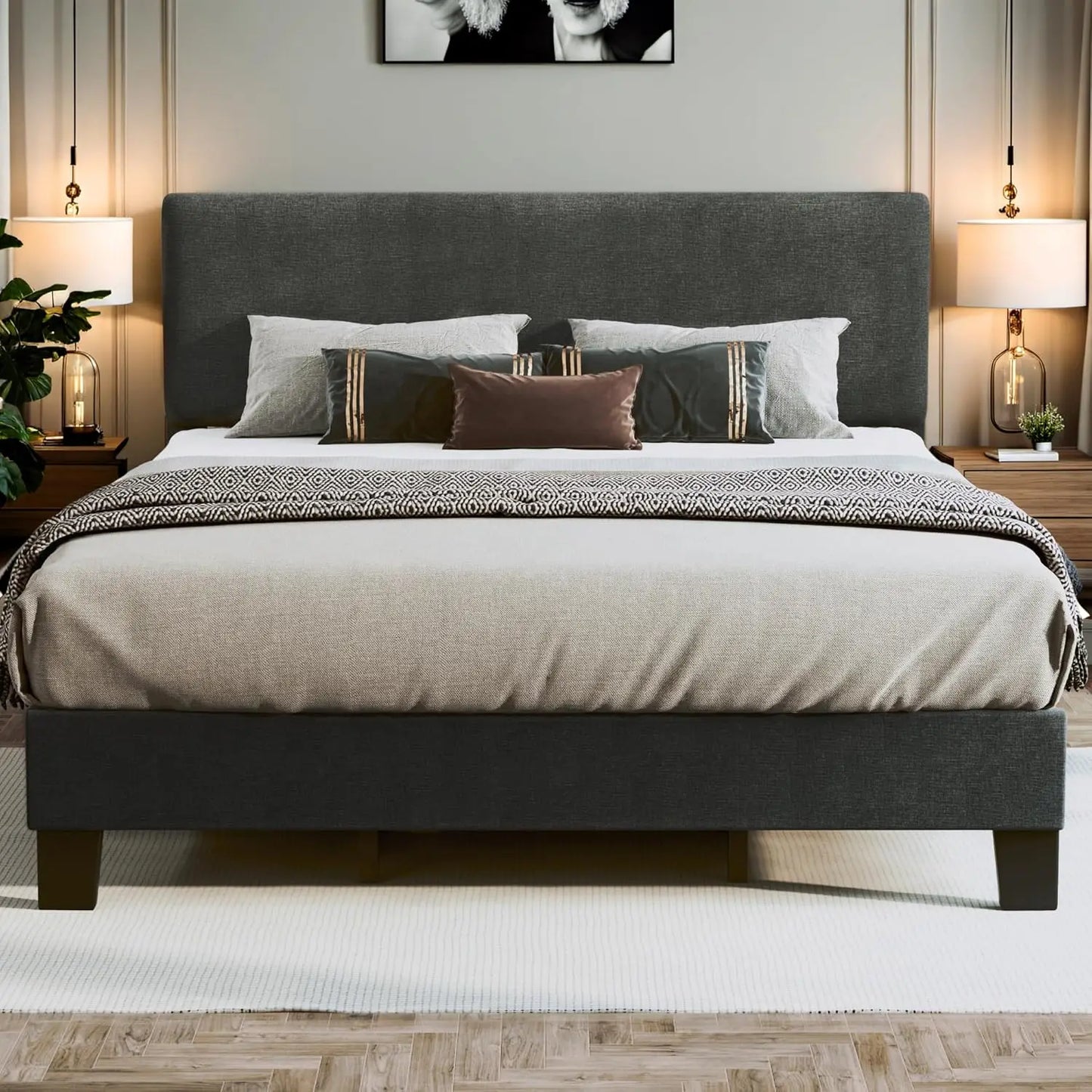 Upholstered Bed Frame with Adjustable Headboard & Wood Slats