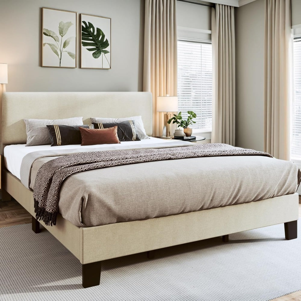 Upholstered Bed Frame with Adjustable Headboard & Wood Slats