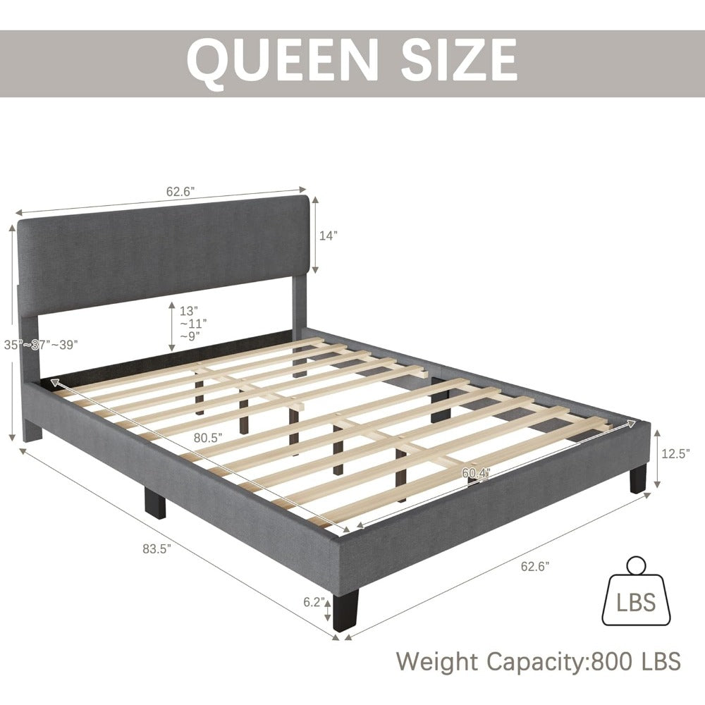 Upholstered Bed Frame with Adjustable Headboard & Wood Slats