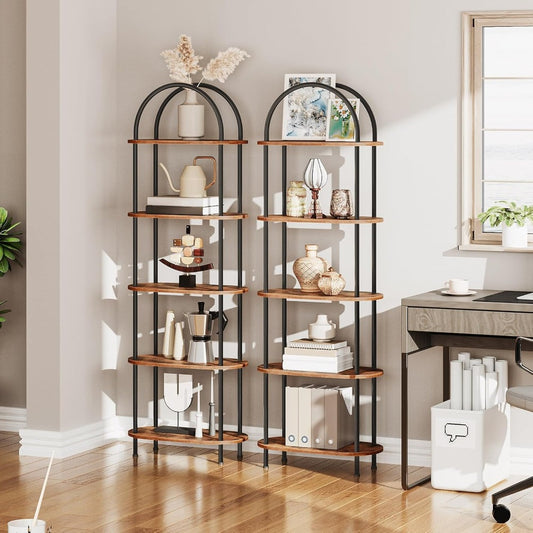 Industrial Arched Bookcase - 5 Tier Wooden & Metal Shelf