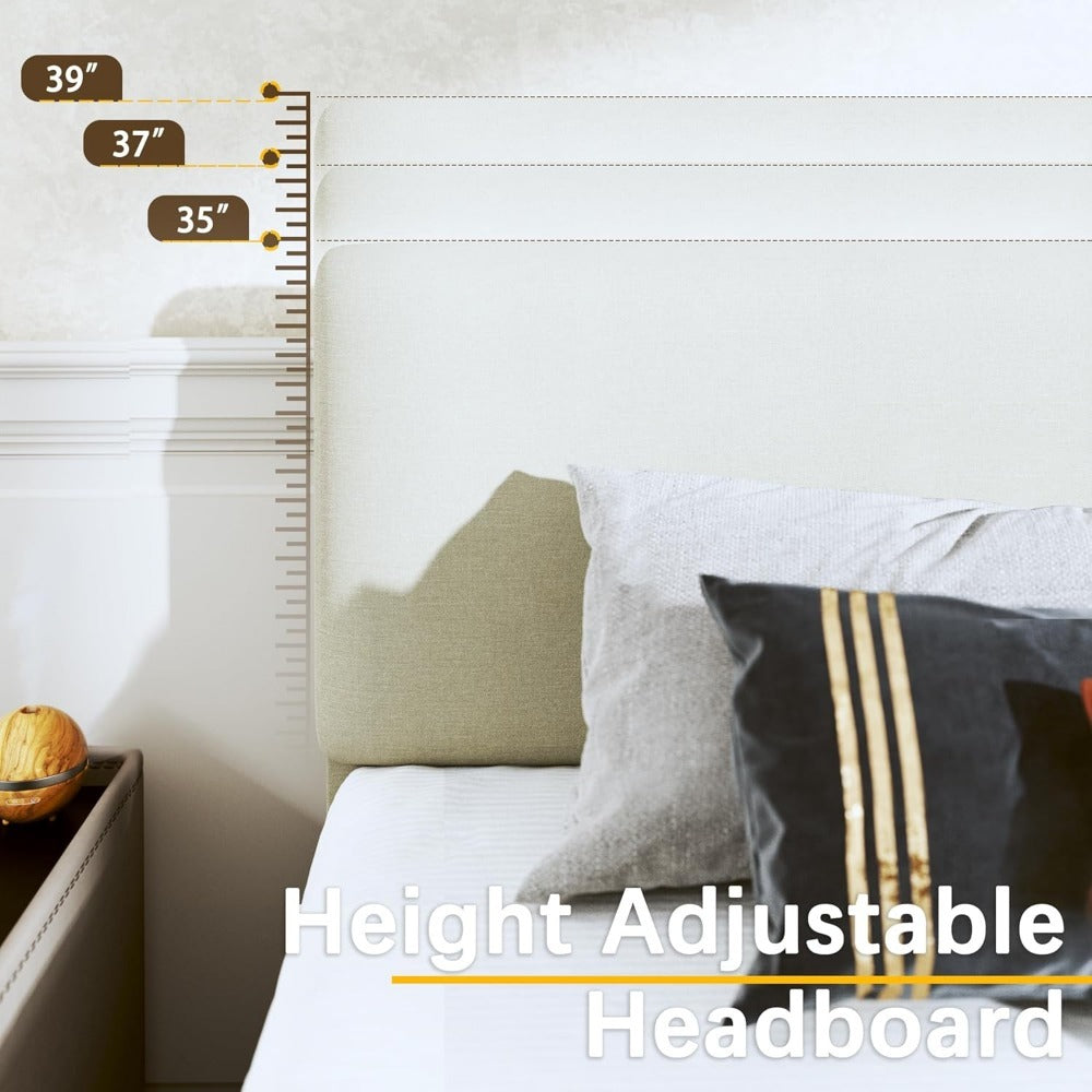 Upholstered Bed Frame with Adjustable Headboard & Wood Slats