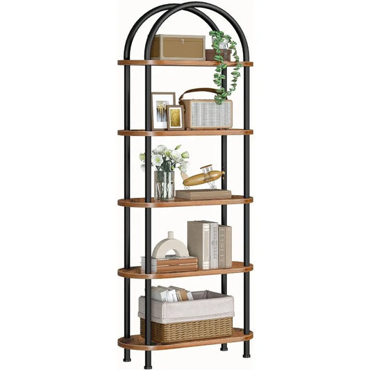 Industrial 5-Tier Bookshelf - Rustic Arched Metal Frame