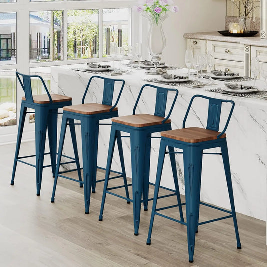 Industrial Metal Bar Stools Set of 4 with Wooden Seats, 24"