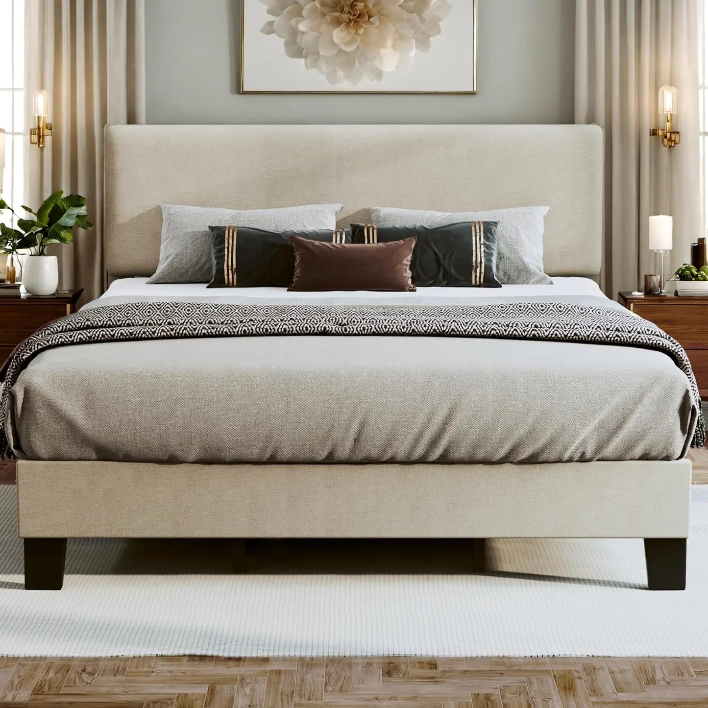 Upholstered Bed Frame with Adjustable Headboard & Wood Slats