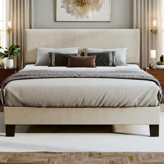 Upholstered Bed Frame with Adjustable Headboard & Wood Slats