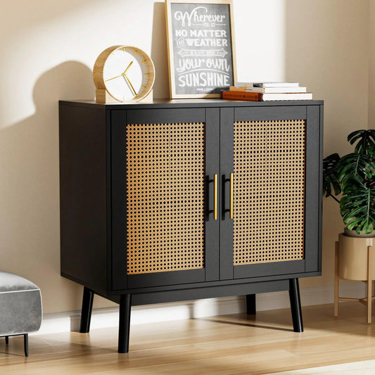 Black Rattan Buffet Cabinet - Stylish Storage for Entryway